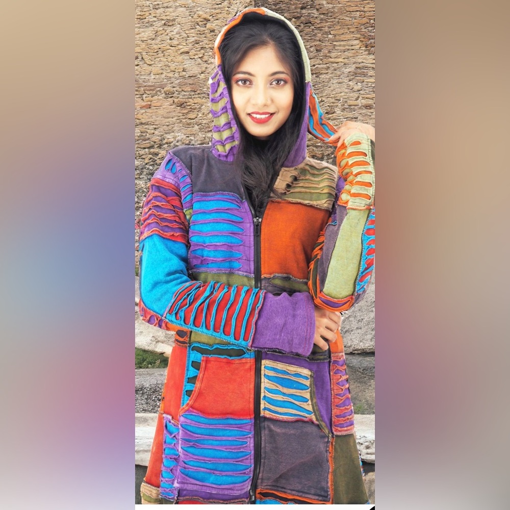 Handcrafted The ARK- Boho Patchwork VTG HoodyJacket-Made in Nepal EUCSz L Artsy